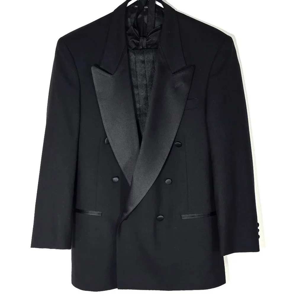 Neil Allyn Mens Black 100% Pure Wool Double Breasted Tuxedo Jacket 46L